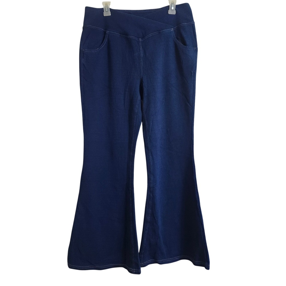 Halara XL Navy Blue Waffle Knit Crossover High Waist Flare Leg Pants Denim Like - Picture 2 of 16